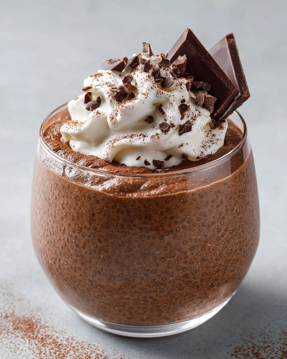 High protein chocolate chia seed pudding in a bowl with toppings.