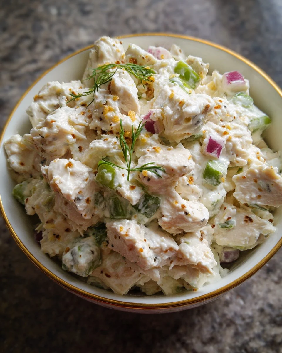 High protein cottage cheese chicken salad with fresh ingredients in a bowl