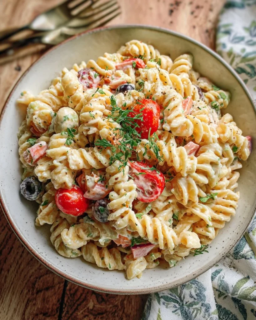 High protein creamy pasta salad with colorful veggies and creamy dressing