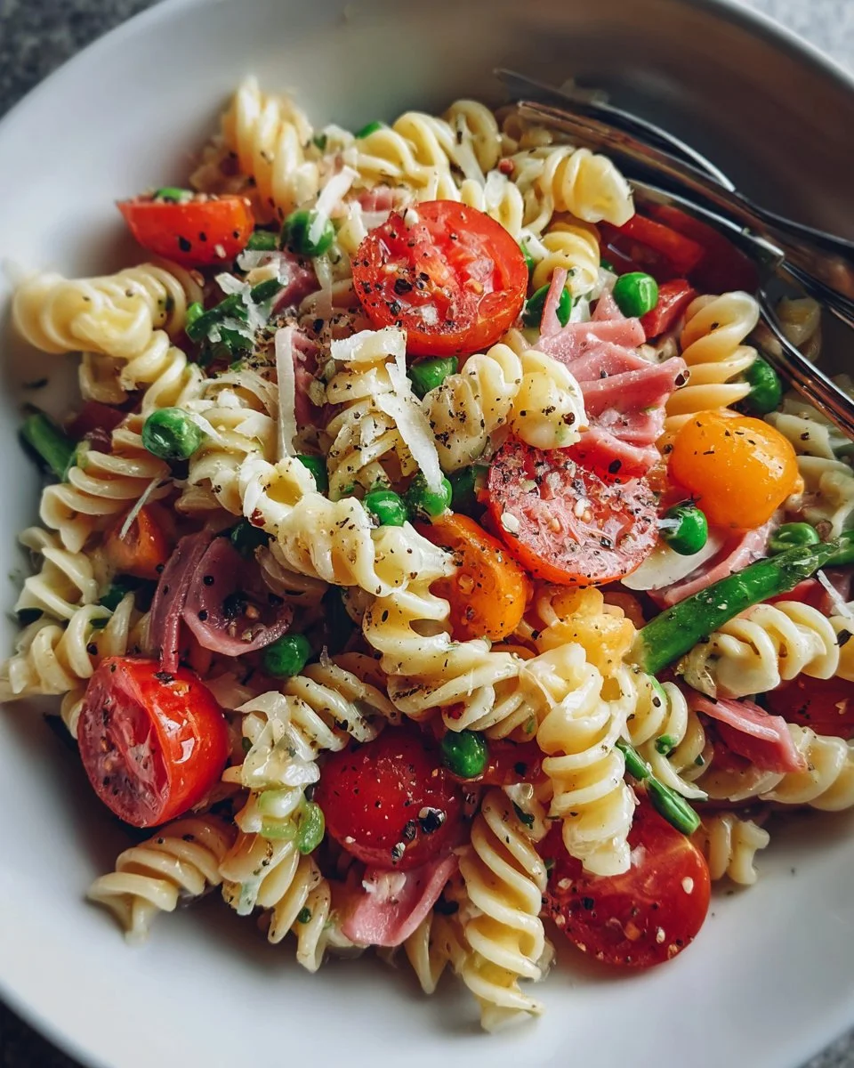 High-protein Italian pasta salad with colorful vegetables and dressing