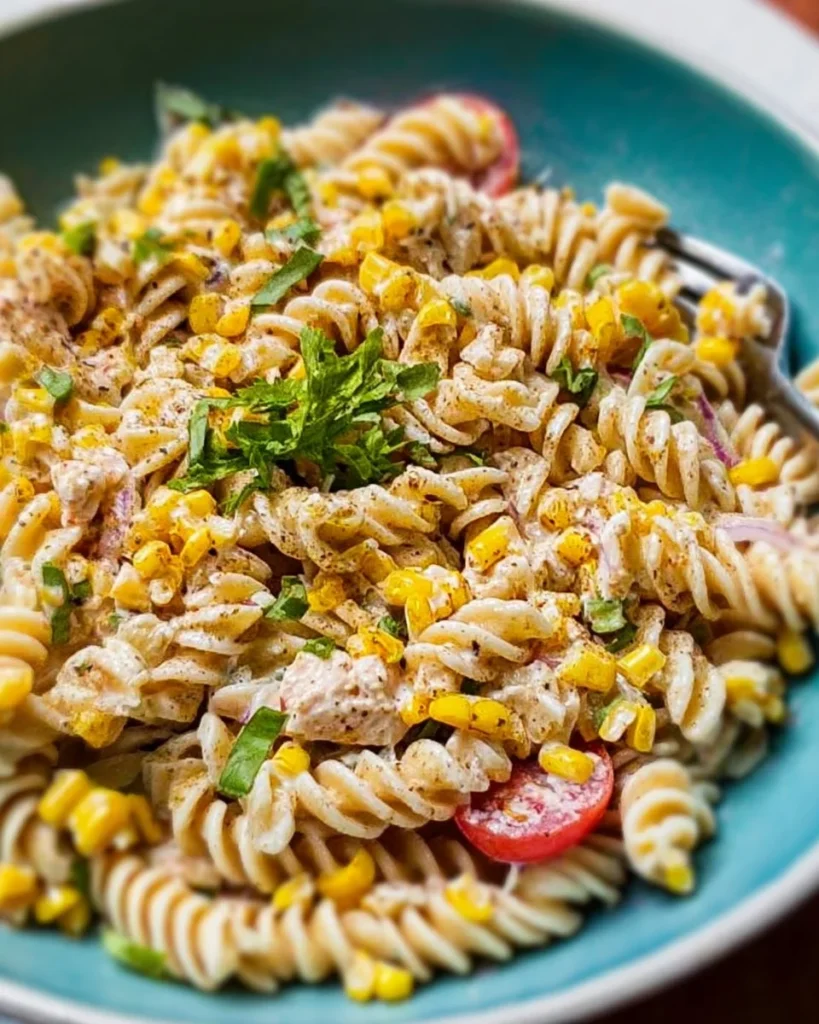 High protein street corn pasta salad with vibrant vegetables and dressing