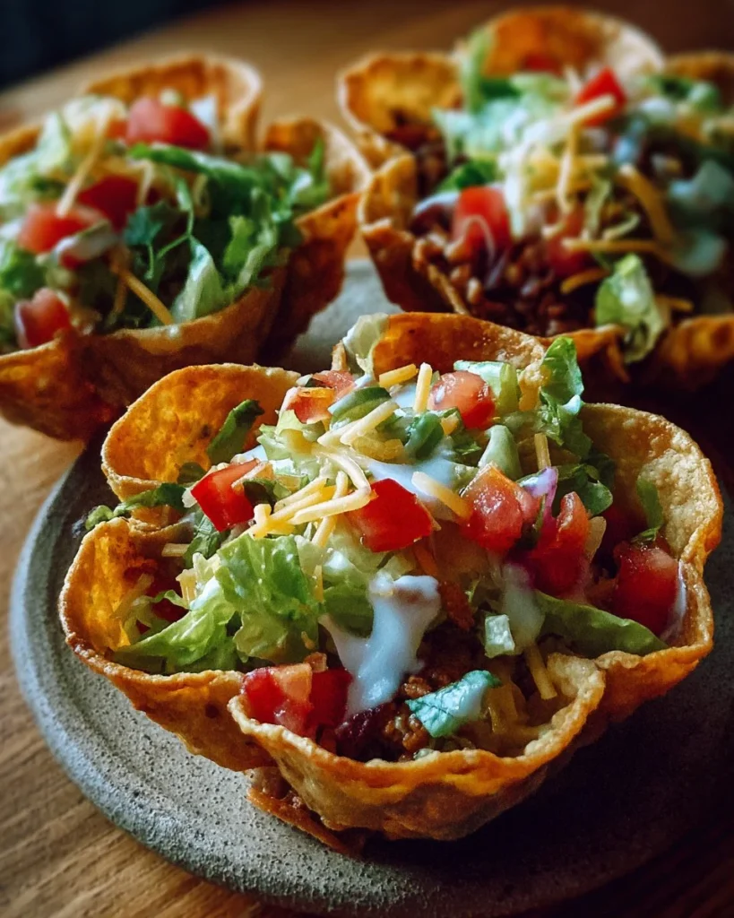 Homemade taco salad shells, perfect for serving salads in a crunchy format.