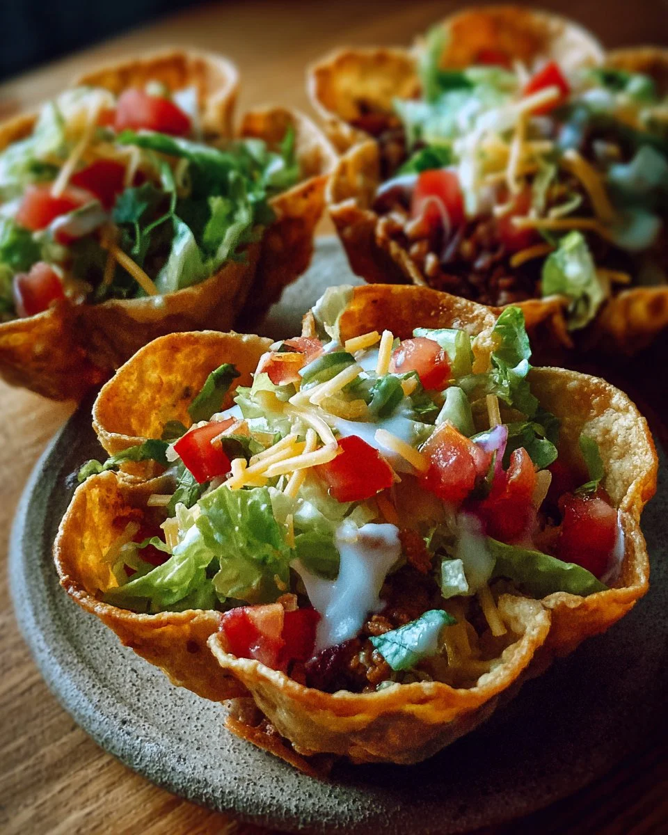 Homemade taco salad shells, perfect for serving salads in a crunchy format.