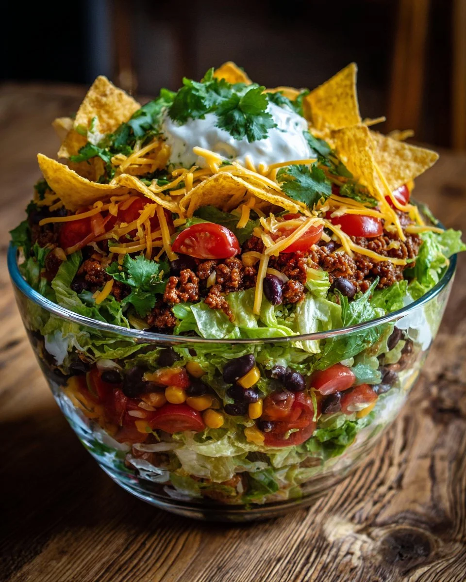 Delicious seven layer taco salad with colorful ingredients served in a bowl