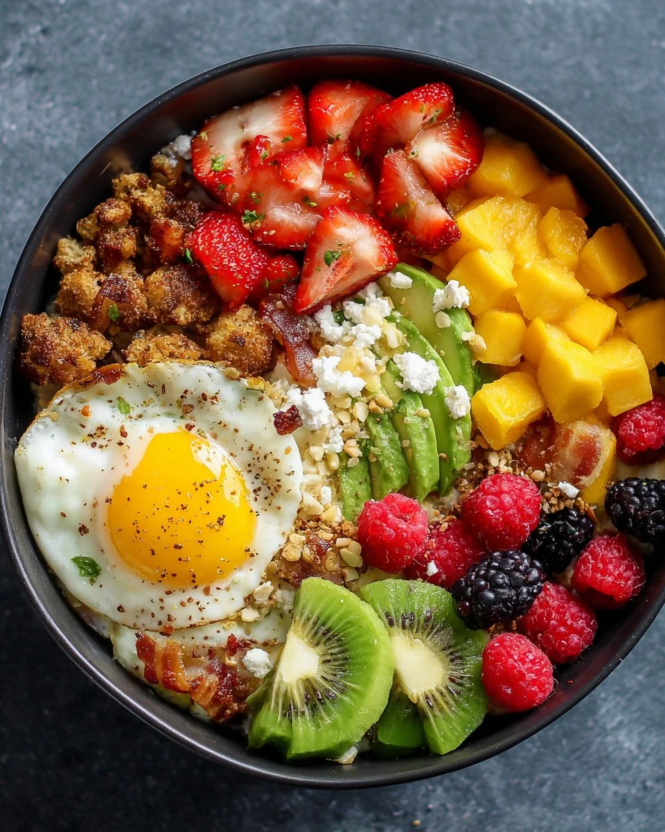 Delicious Loaded Breakfast Bowl filled with eggs, vegetables, and toppings.