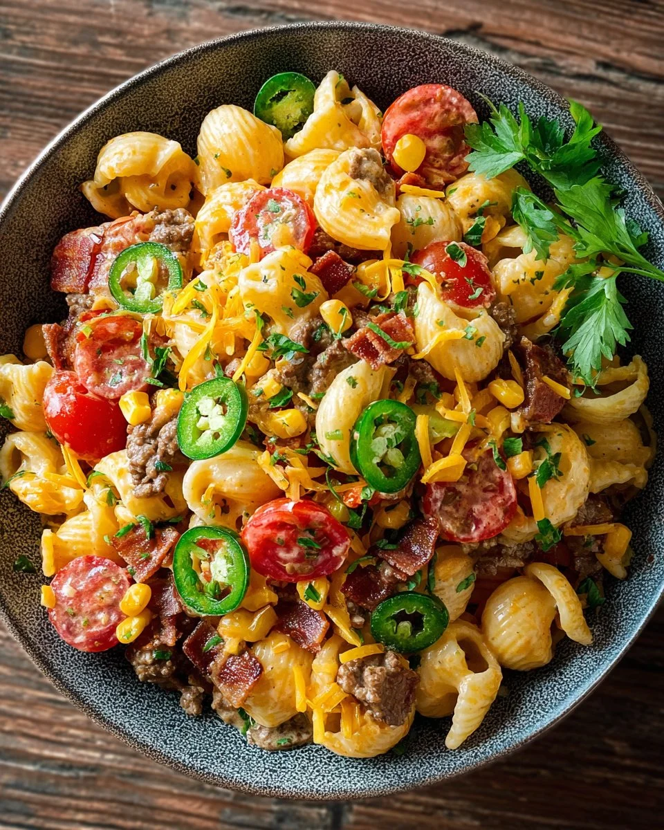 Loaded Cowboy Pasta Salad with vibrant vegetables and hearty ingredients