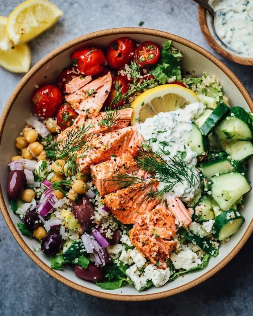 Mediterranean Bowl with grilled salmon, fresh veggies, and vibrant flavors.