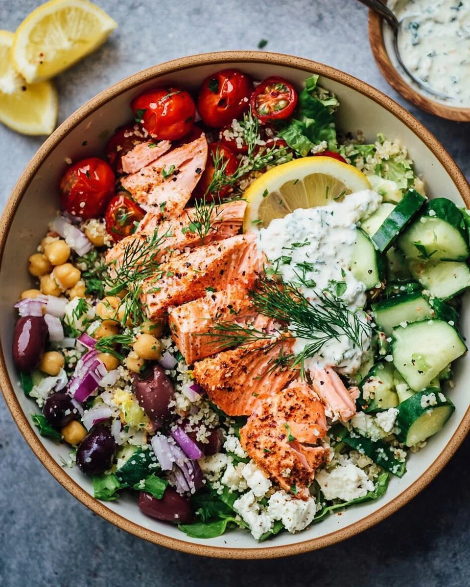 Mediterranean Bowl with grilled salmon, fresh veggies, and vibrant flavors.