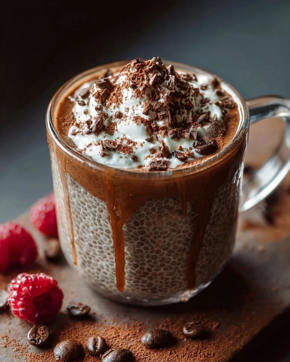 Delicious mocha chia pudding topped with cocoa and chia seeds in a glass bowl