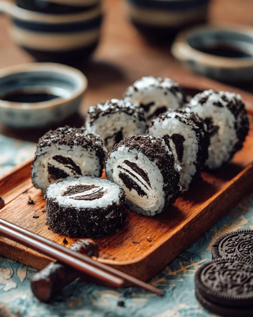 Oreo sushi rolls on a plate, showcasing a creative dessert made from Oreo cookies.