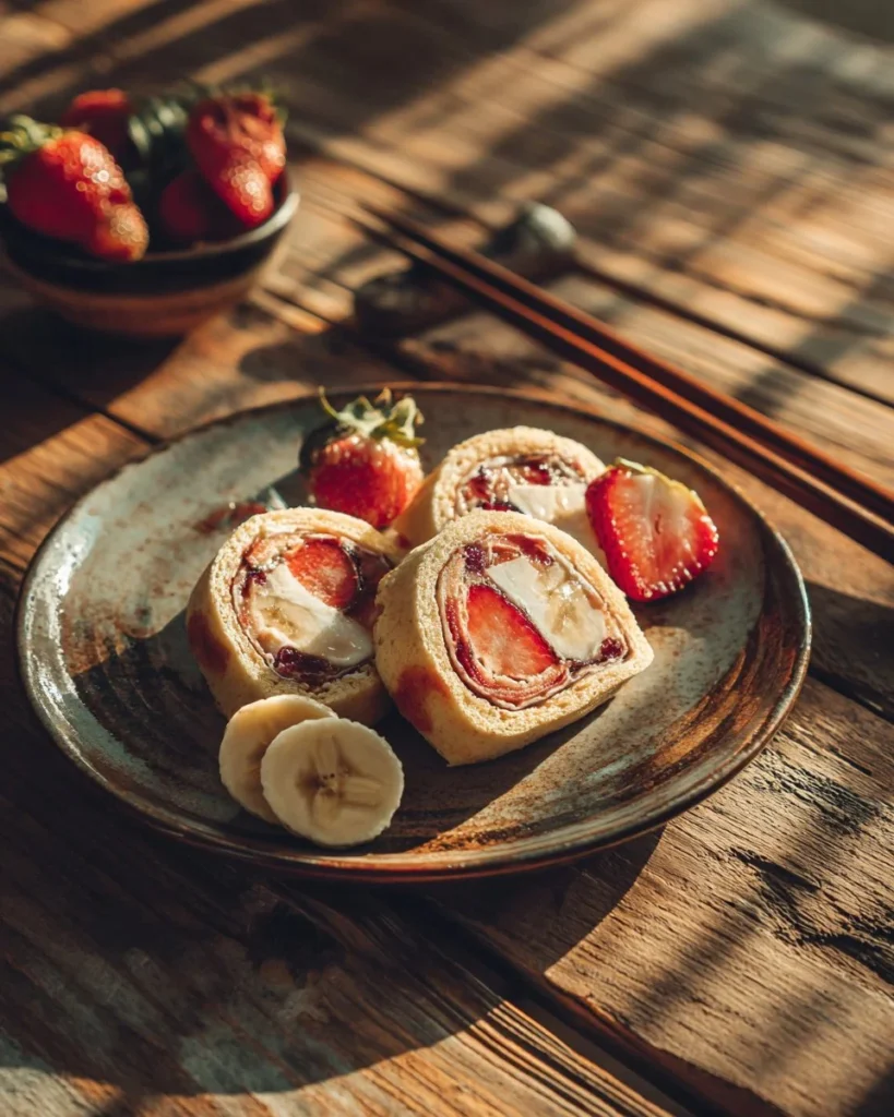 A plate of colorful Pancake Sushi rolls, showcasing vibrant ingredients and toppings.