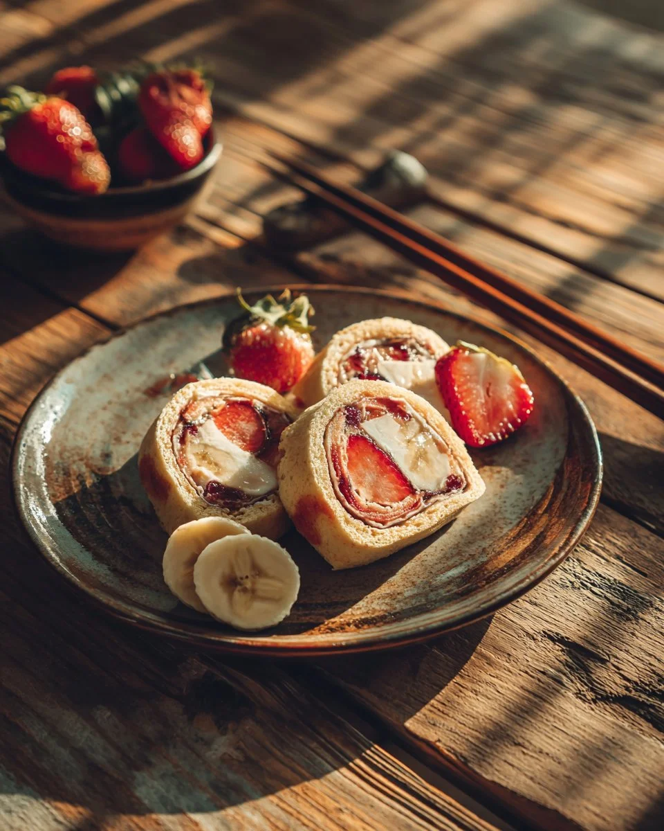 A plate of colorful Pancake Sushi rolls, showcasing vibrant ingredients and toppings.