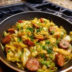 A delicious Sausage and Cabbage Stir Fry served in a skillet with vibrant colors.