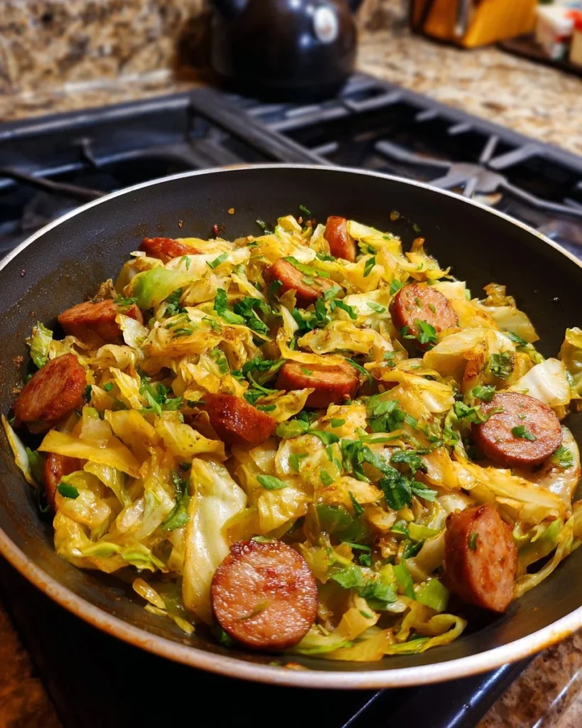 A delicious Sausage and Cabbage Stir Fry served in a skillet with vibrant colors.