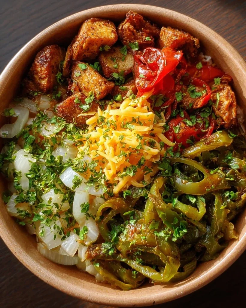 Delicious Southwest Spice Green Chile Bowl topped with fresh vegetables and spices.