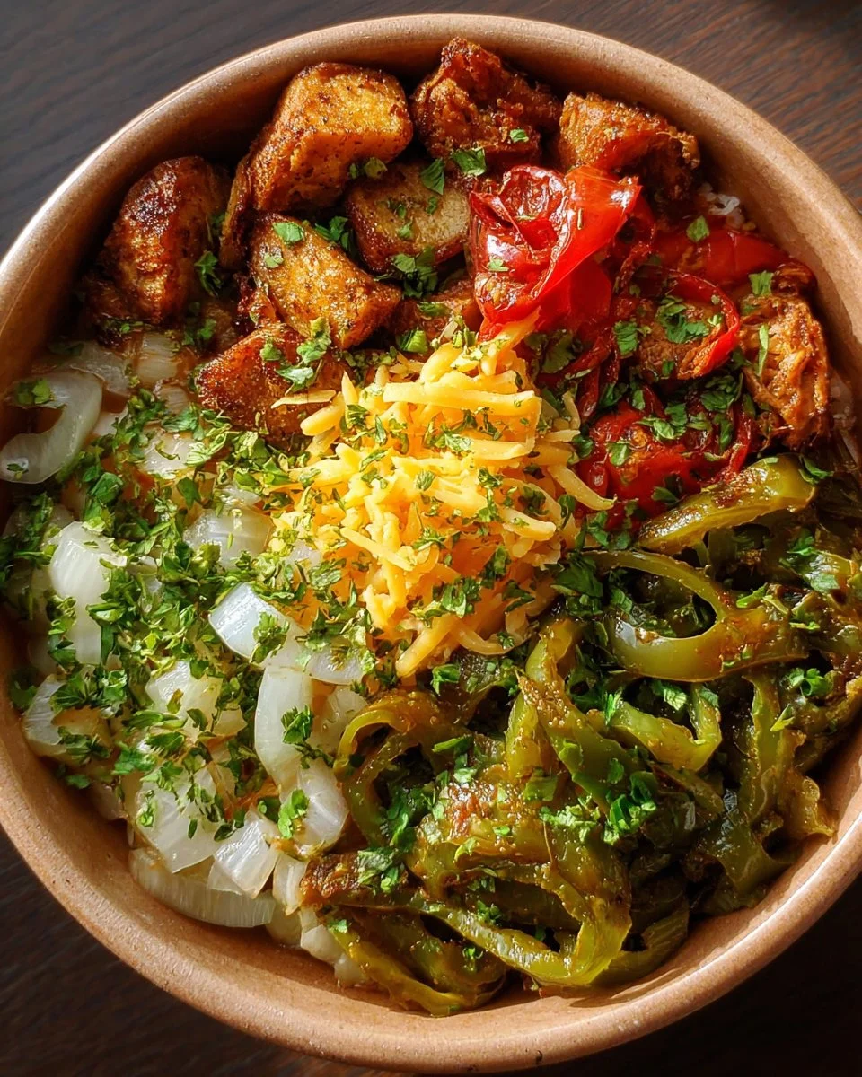 Delicious Southwest Spice Green Chile Bowl topped with fresh vegetables and spices.
