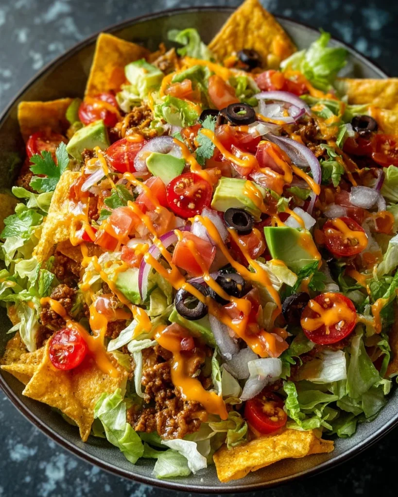 Taco Salad topped with Catalina Dressing served in a colorful bowl.
