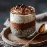 Delicious tiramisu chia pudding with Greek yogurt served in a glass bowl