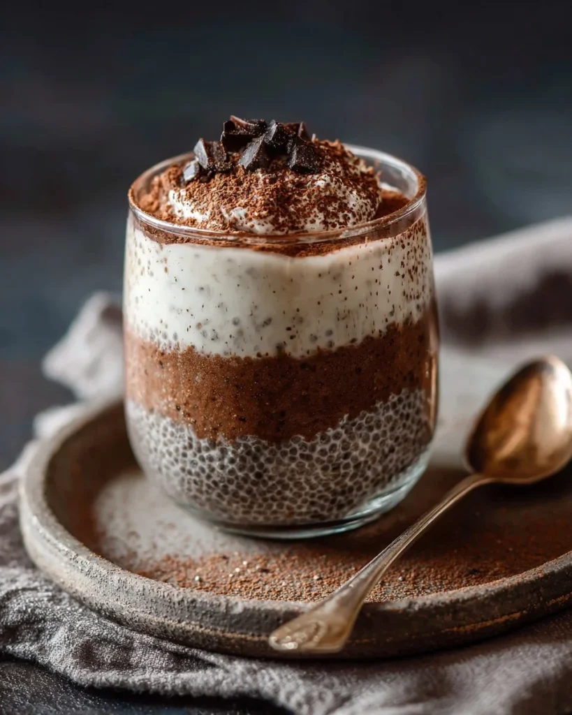 Delicious tiramisu chia pudding with Greek yogurt served in a glass bowl